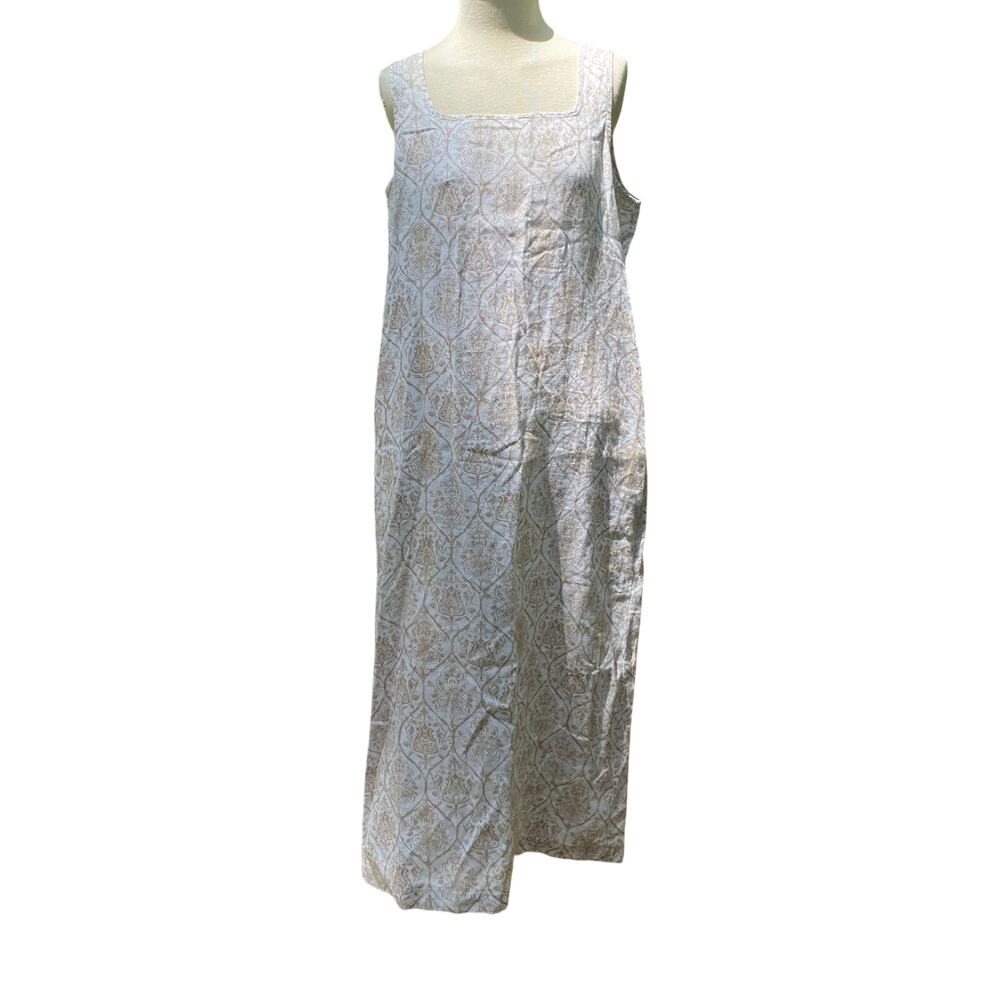 Saks Fifth Avenue Beige White Linen Sleeveless Square Neck Midi Dress-Medium